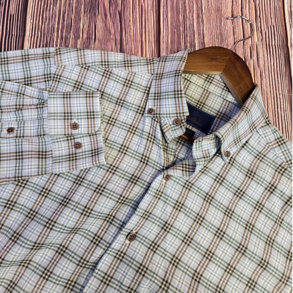 David Donahue Fusion Shirt Mens M 15.5 Blue Brown Plaid Cotton Button Down